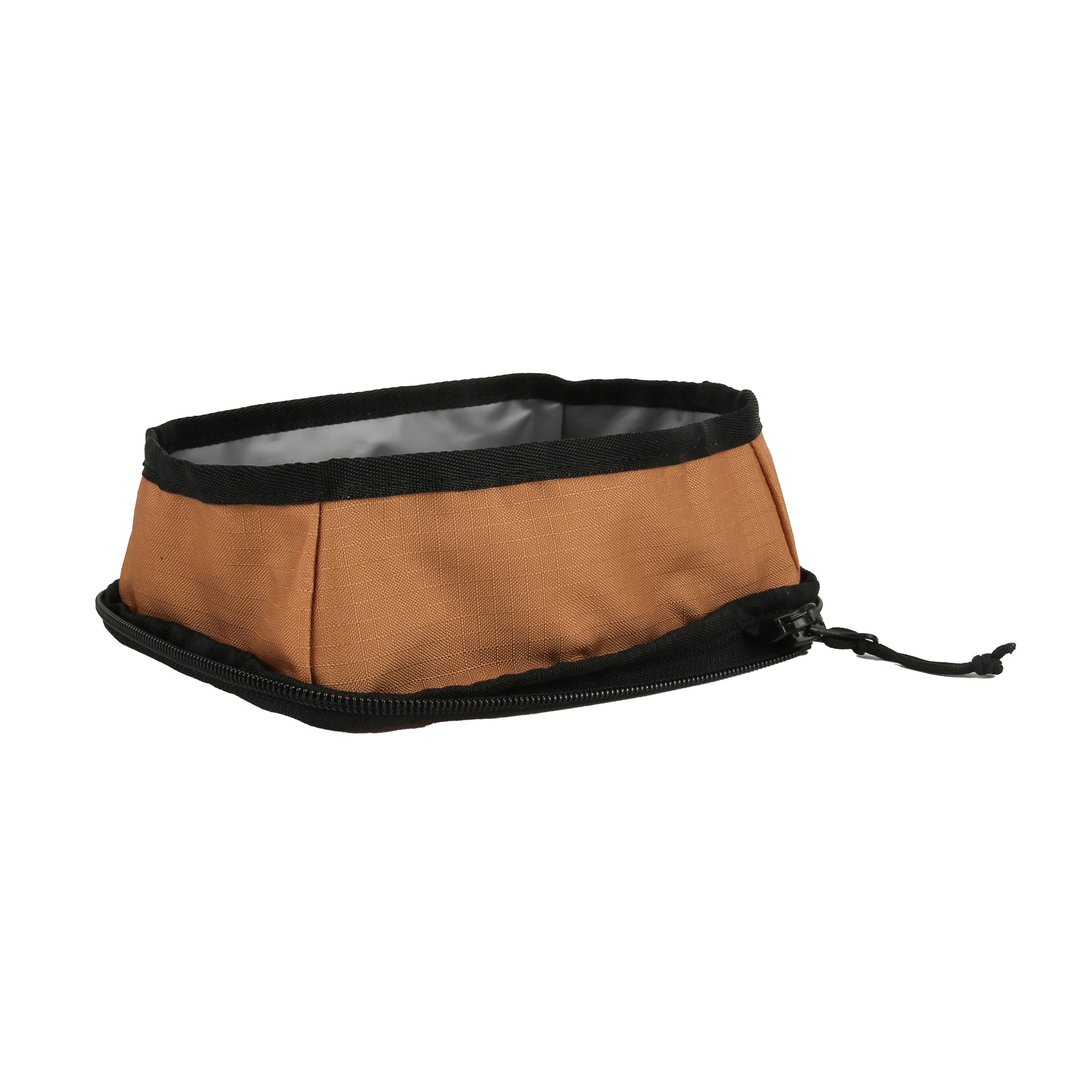 A brown and black collapsible fabric pet bowl with a zipper and drawstring on a white background.