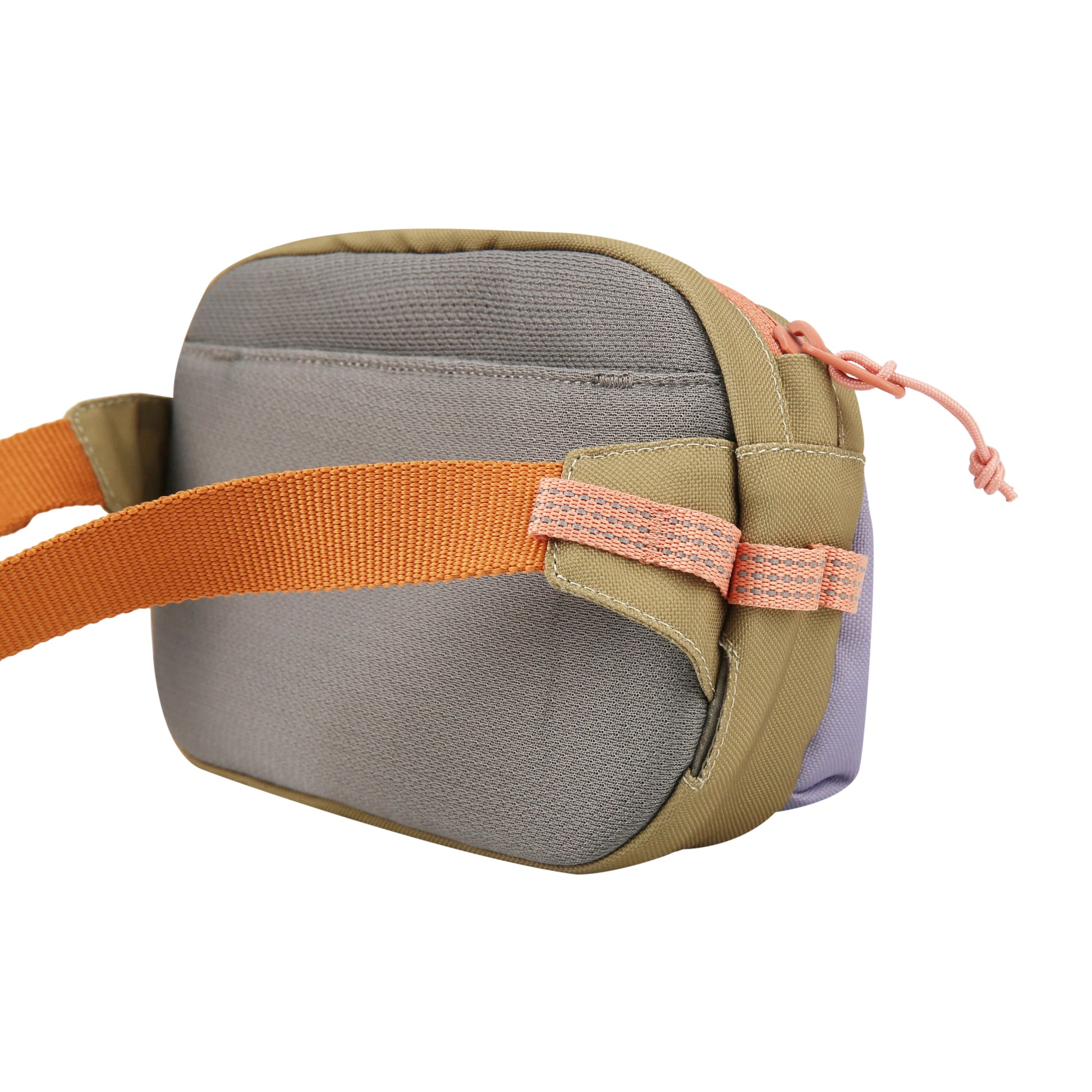Small gray and tan fabric bag with orange strap and pink zipper pulls, viewed from the back corner.