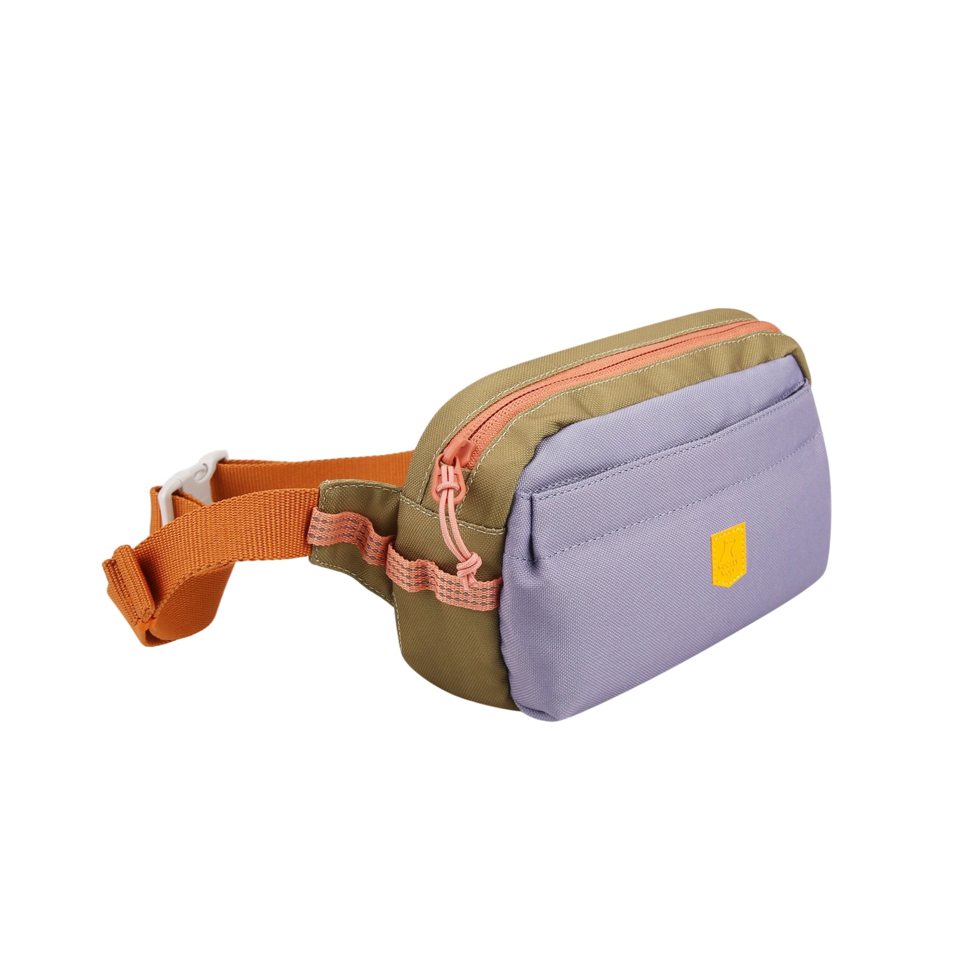 Colorful fanny pack with purple front pocket, green body, orange zipper, and adjustable orange strap.