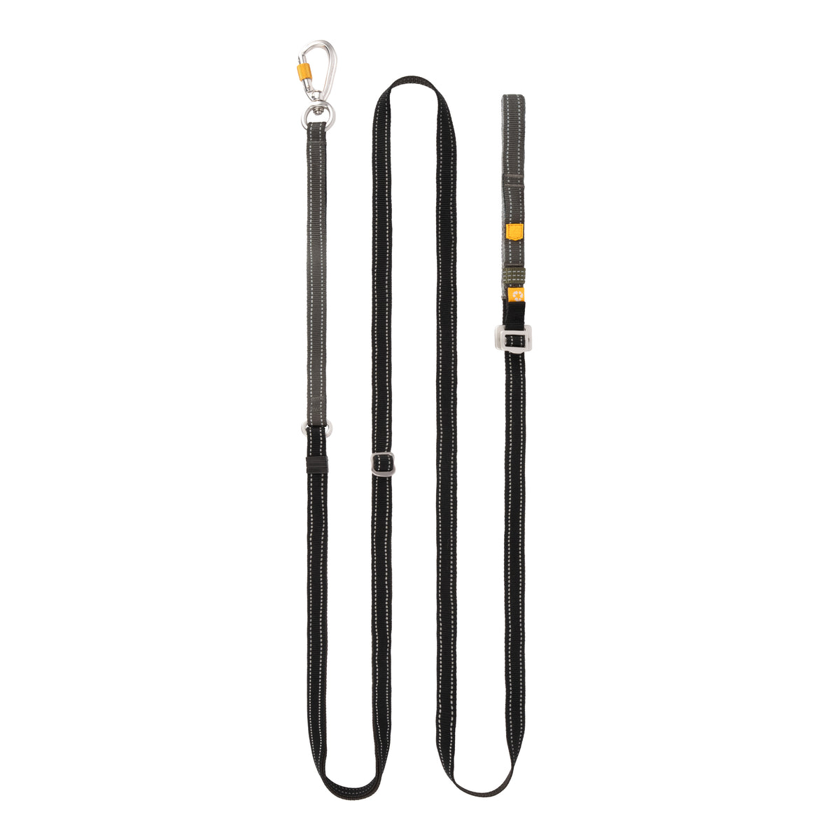Black adjustable dog leash with reflective stitching and a metal carabiner.