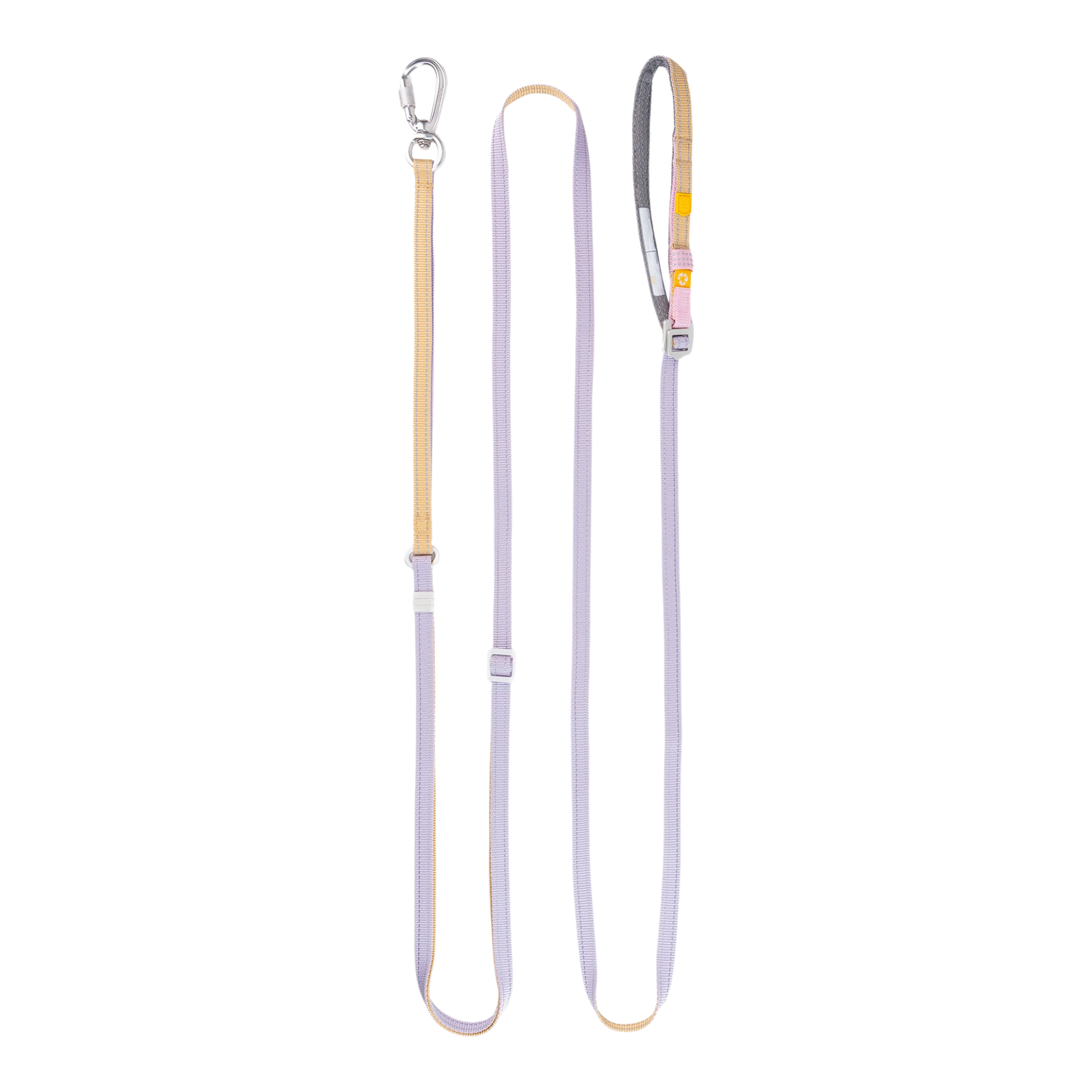 A light purple and tan dog leash with a metal clip and an adjustable handle, shown on a white background.