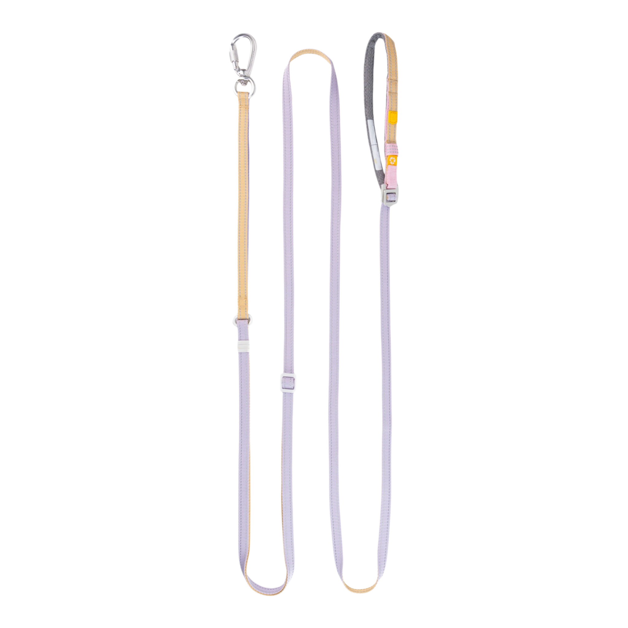 A lavender and tan dog leash with adjustable straps and a metal clip, laid flat on a white background.