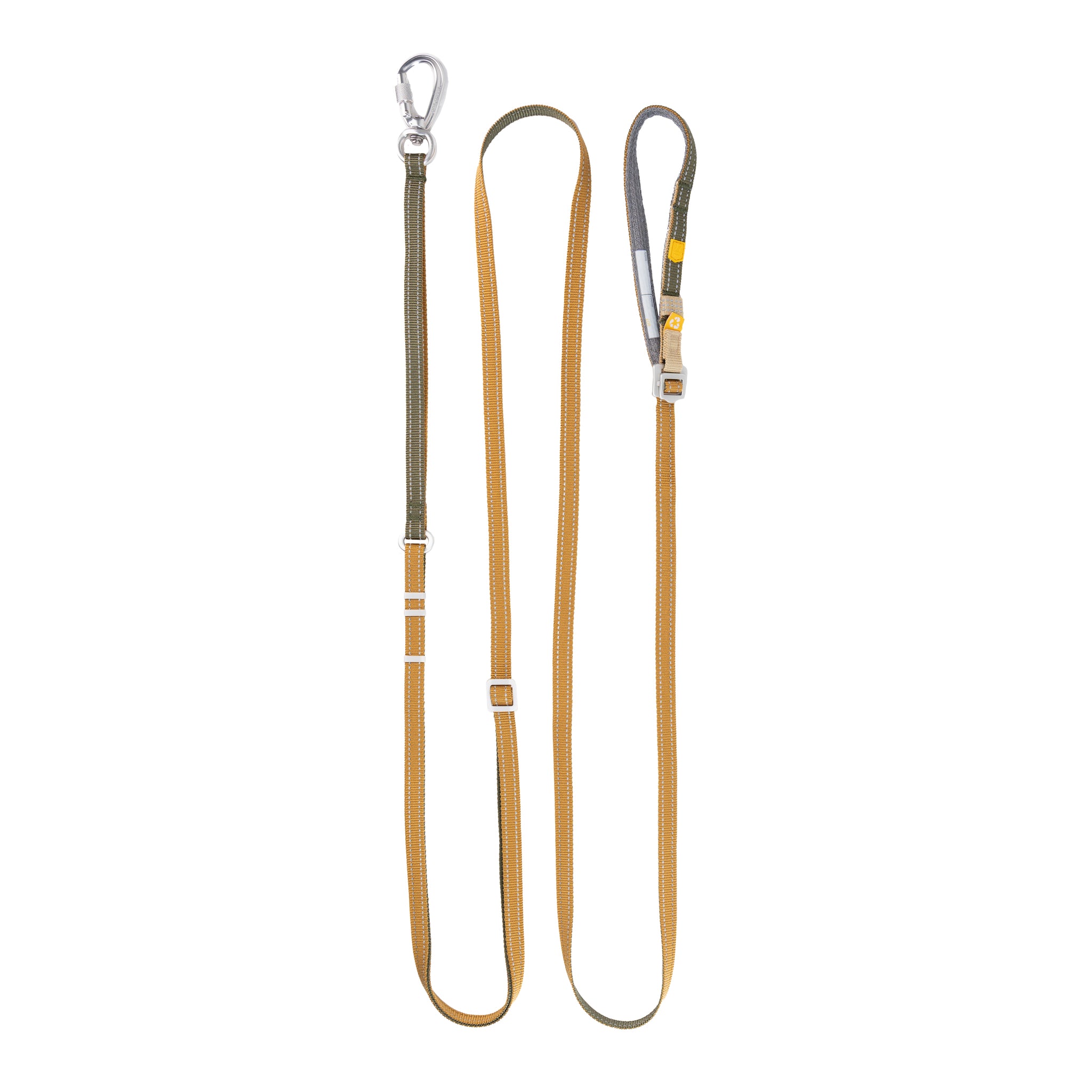 A yellow and olive green dog leash with a metal clasp and adjustable loop handle on a white background.
