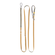 A yellow and olive green adjustable dog leash with a metal clasp and a handle, laid out flat on a white background.