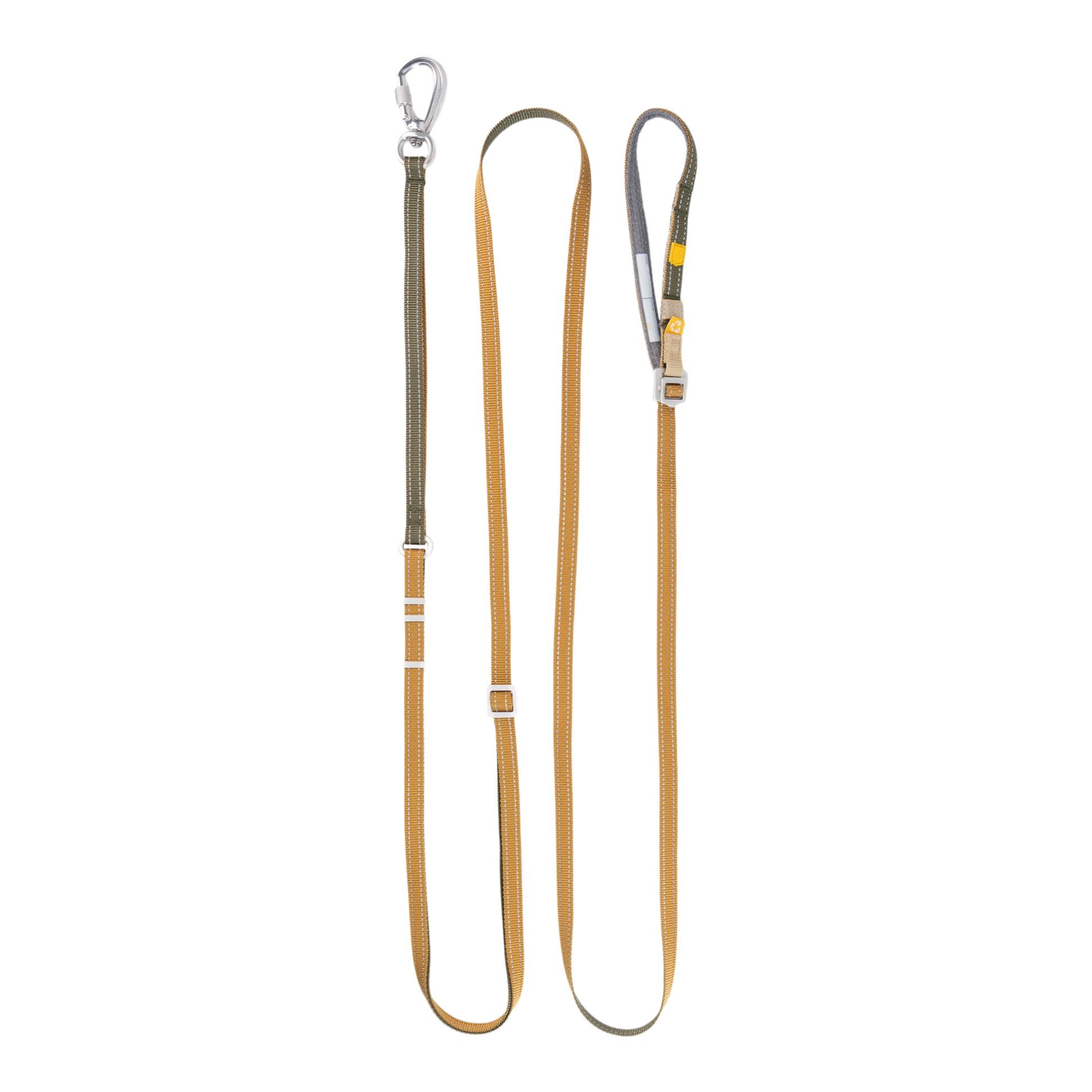 A yellow and olive green adjustable dog leash with a metal clasp and a handle, laid out flat on a white background.