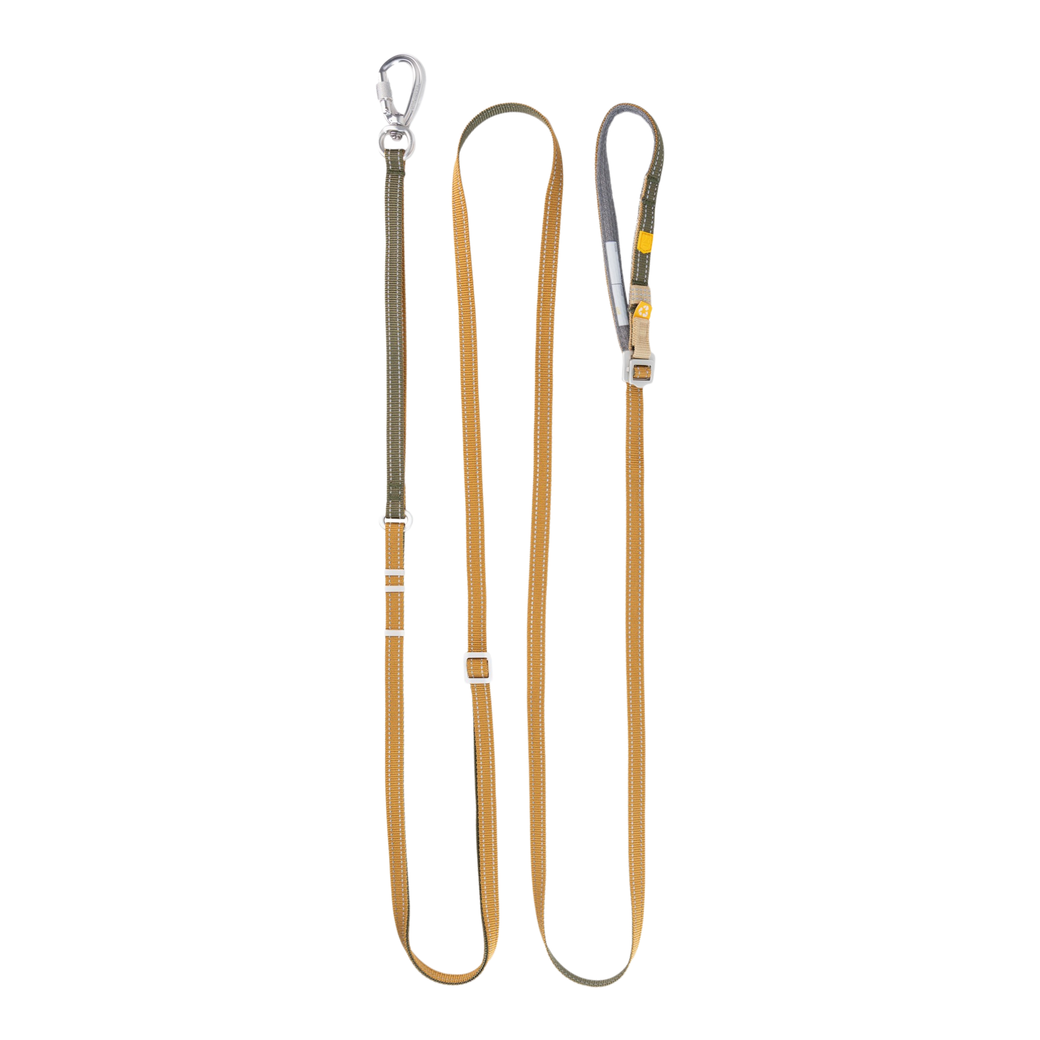 A yellow and olive green adjustable dog leash with a metal clasp and a handle, laid out flat on a white background.