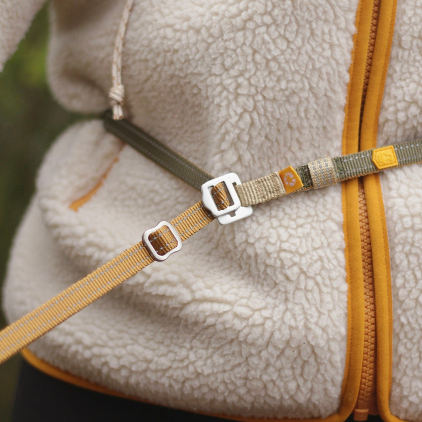 Person wearing a fleece jacket and a climbing harness clipped around their waist and leg.