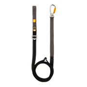 Black nylon climbing tether with an adjustable slider and a metal carabiner.