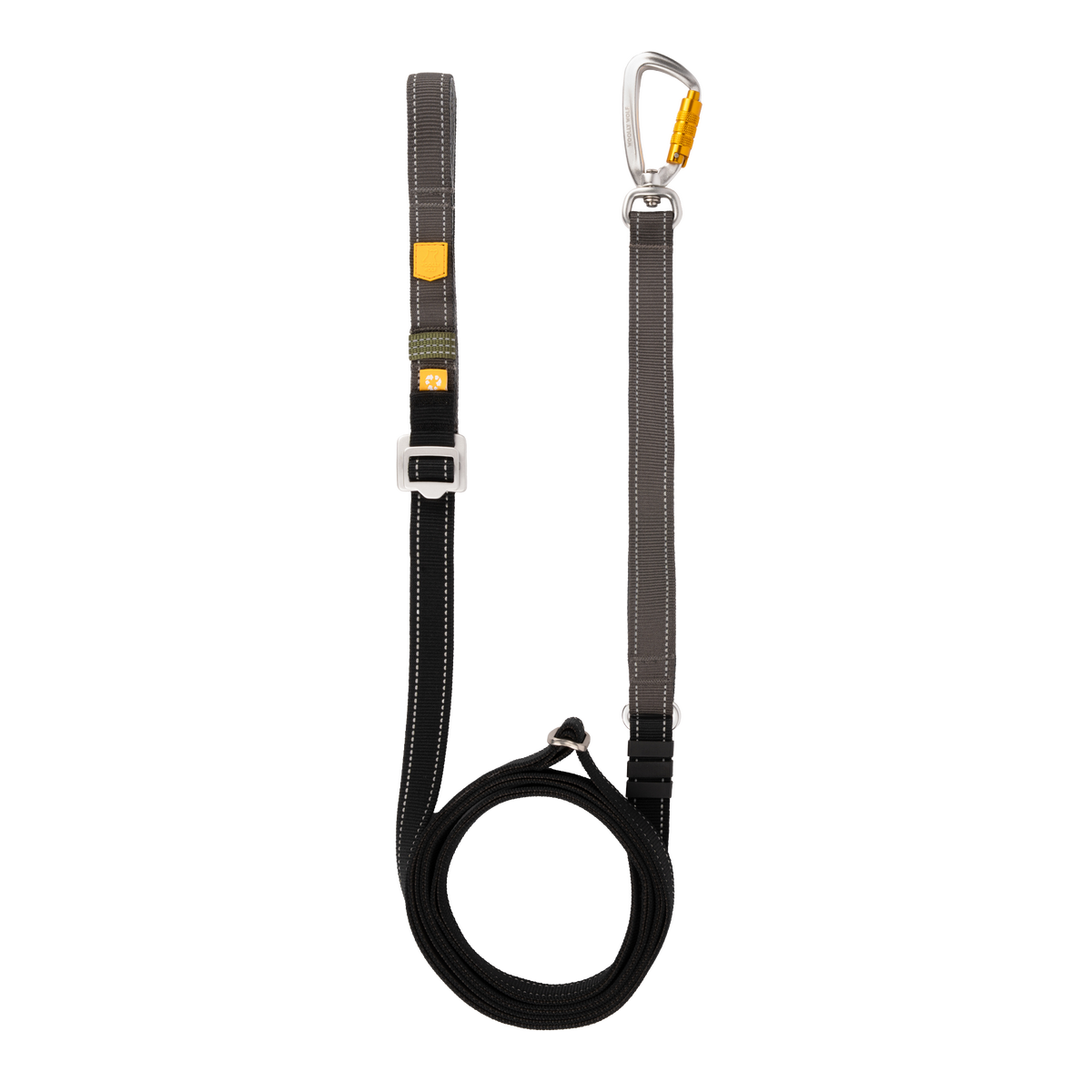 Adjustable climbing lanyard with a locking carabiner and a coiled webbing tail.