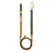 Olive and tan climbing lanyard with an adjustable buckle and a locking carabiner.