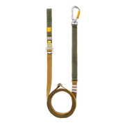 Adjustable climbing lanyard with a carabiner attached to one end and a coiled webbing strap.