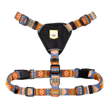 Colorful patterned dog harness with black chest pad and adjustable straps, featuring plastic buckles.