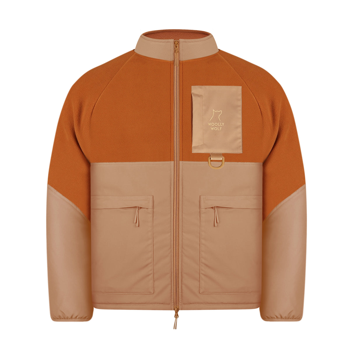 Two-tone brown jacket with three front pockets, zip closure, and a small embroidered logo on the chest pocket.