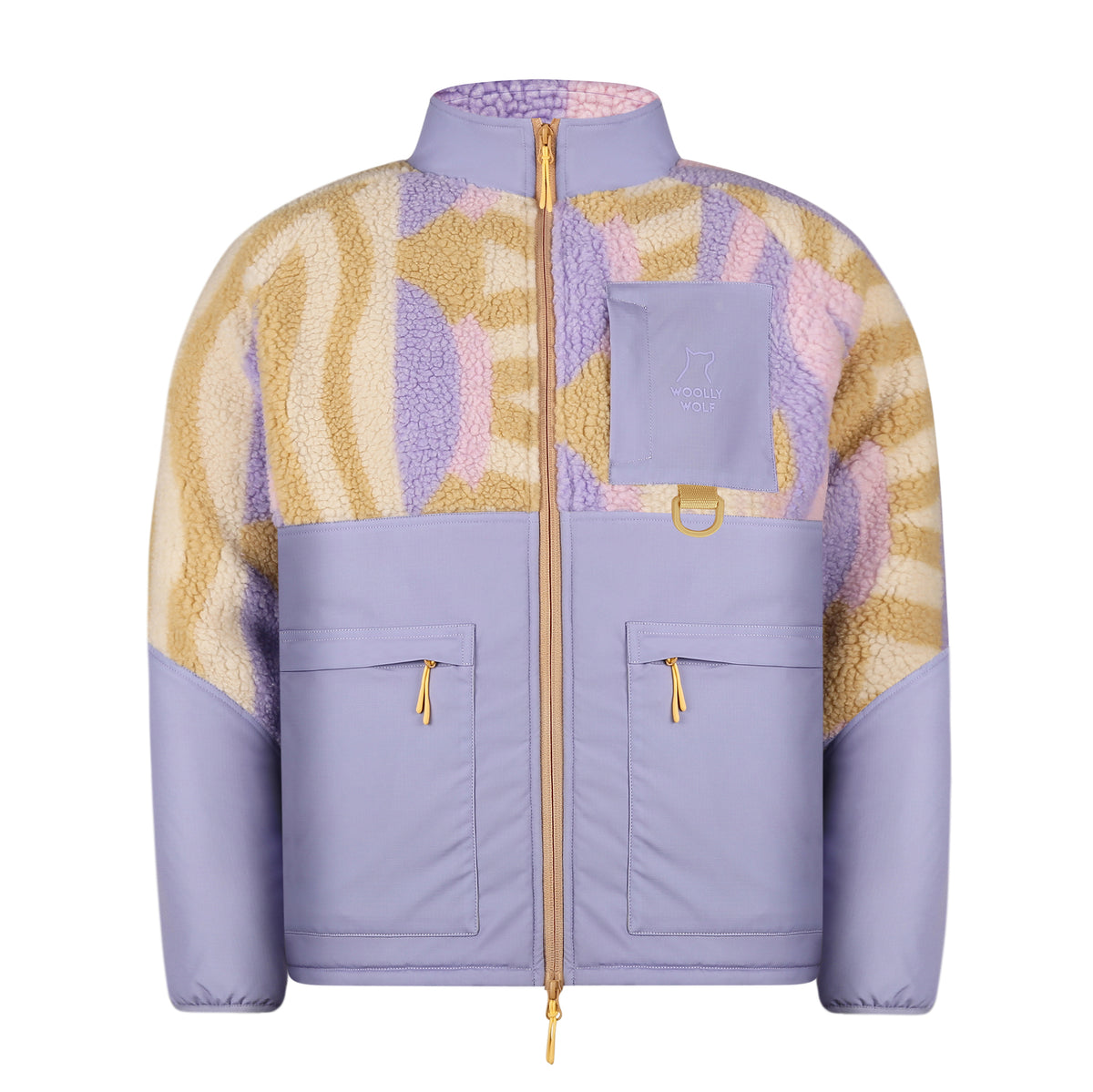 Lilac jacket with beige, purple, and cream fuzzy pattern, front zipper, and two front pockets with gold zippers.