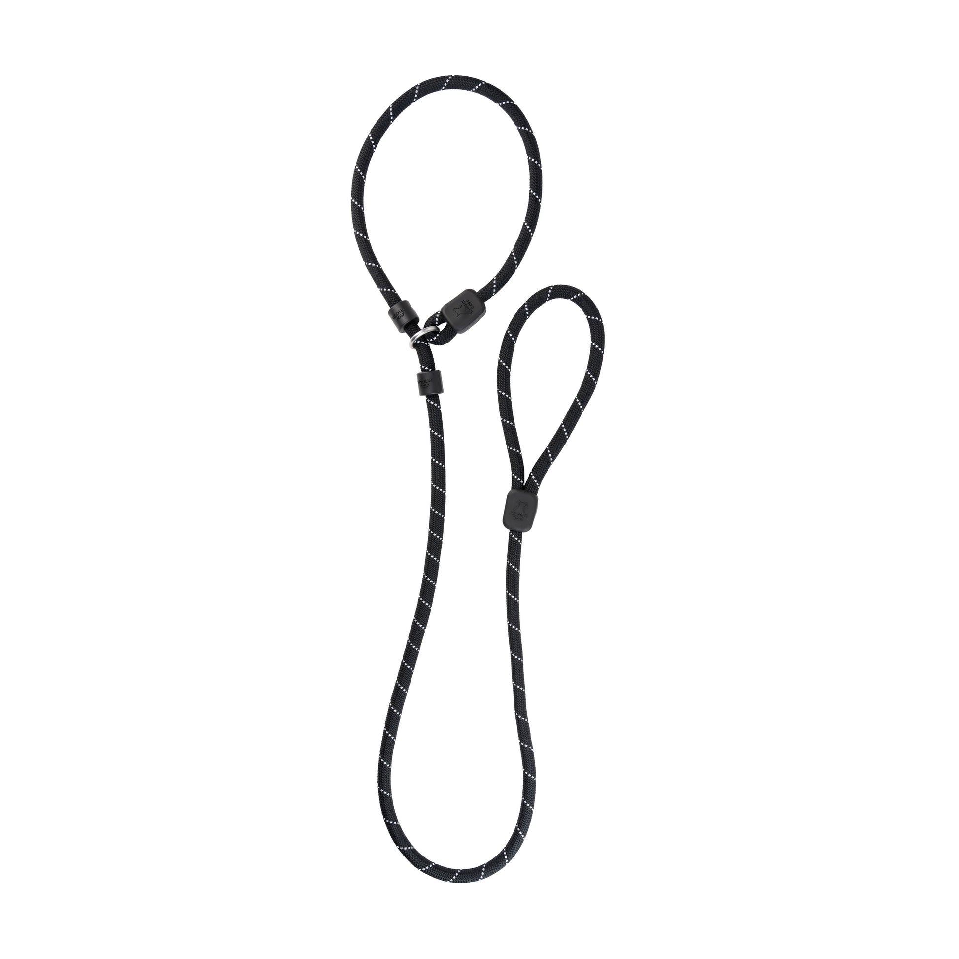 Black and white adjustable rope dog leash with a loop handle and sliding clasp, on a white background.