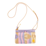 Small crossbody bag with pastel abstract patterns, a purple top edge, and a beige adjustable strap.