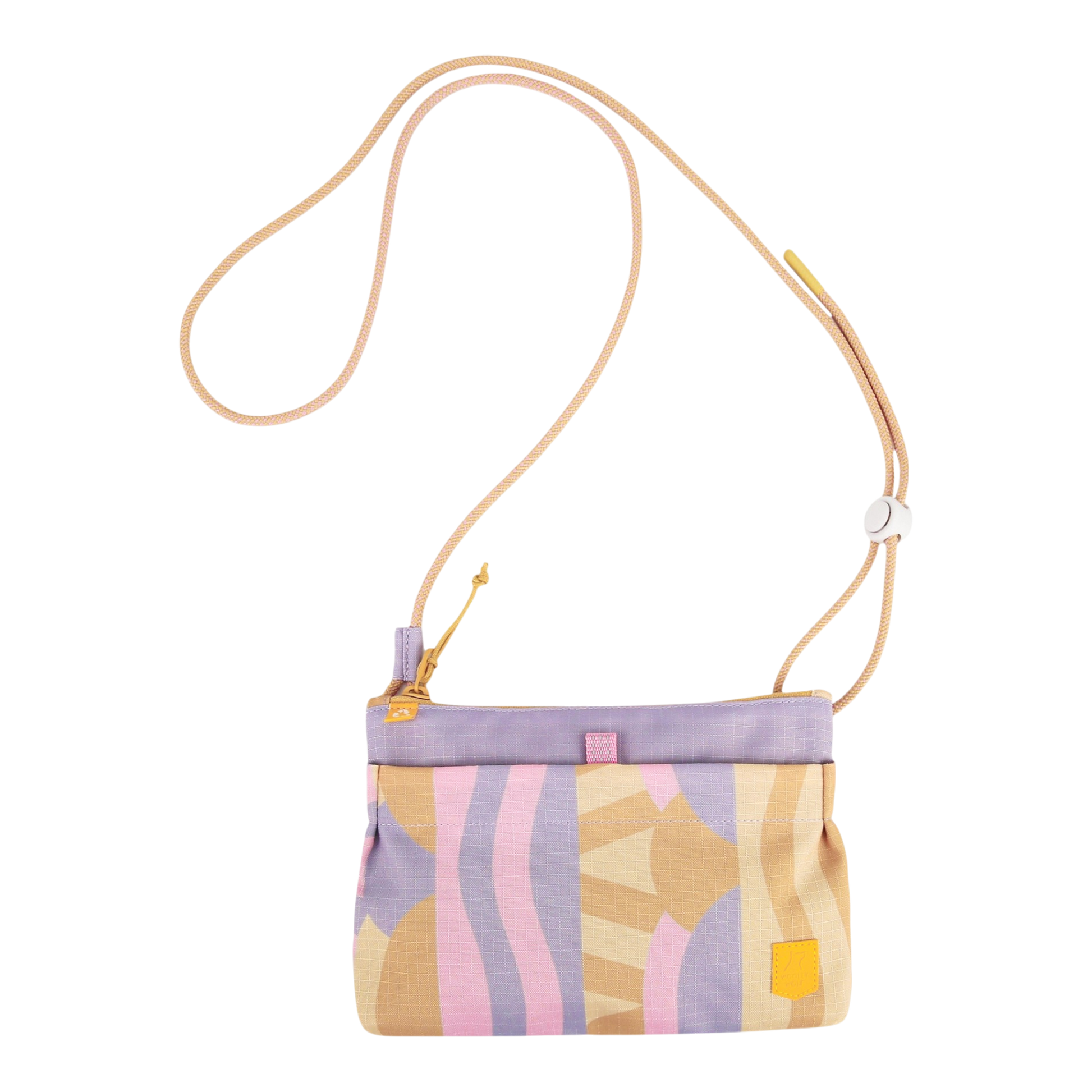 Small crossbody bag with pastel abstract patterns, a purple top edge, and a beige adjustable strap.
