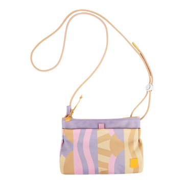 Small crossbody bag with pastel abstract patterns, a purple top edge, and a beige adjustable strap.