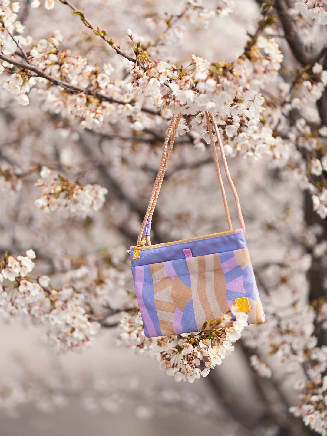 Pastel-colored purse with abstract patterns hanging on a branch of a blooming cherry blossom tree.