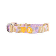 Pink and beige patterned dog collar with a metal ring and two yellow tags attached.