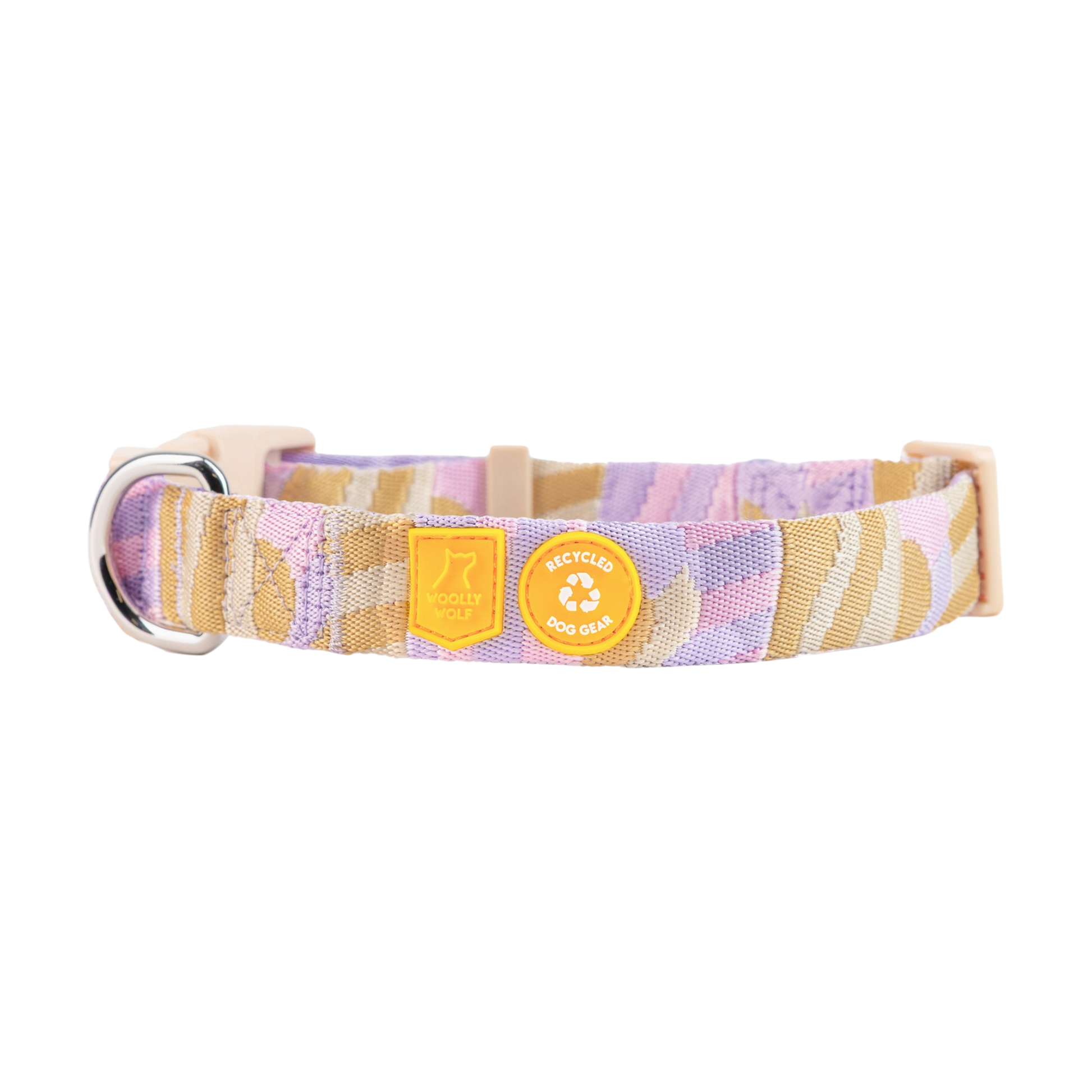 A pink, tan, and lavender striped dog collar with metal ring and yellow Recycled Dog Gear tag.