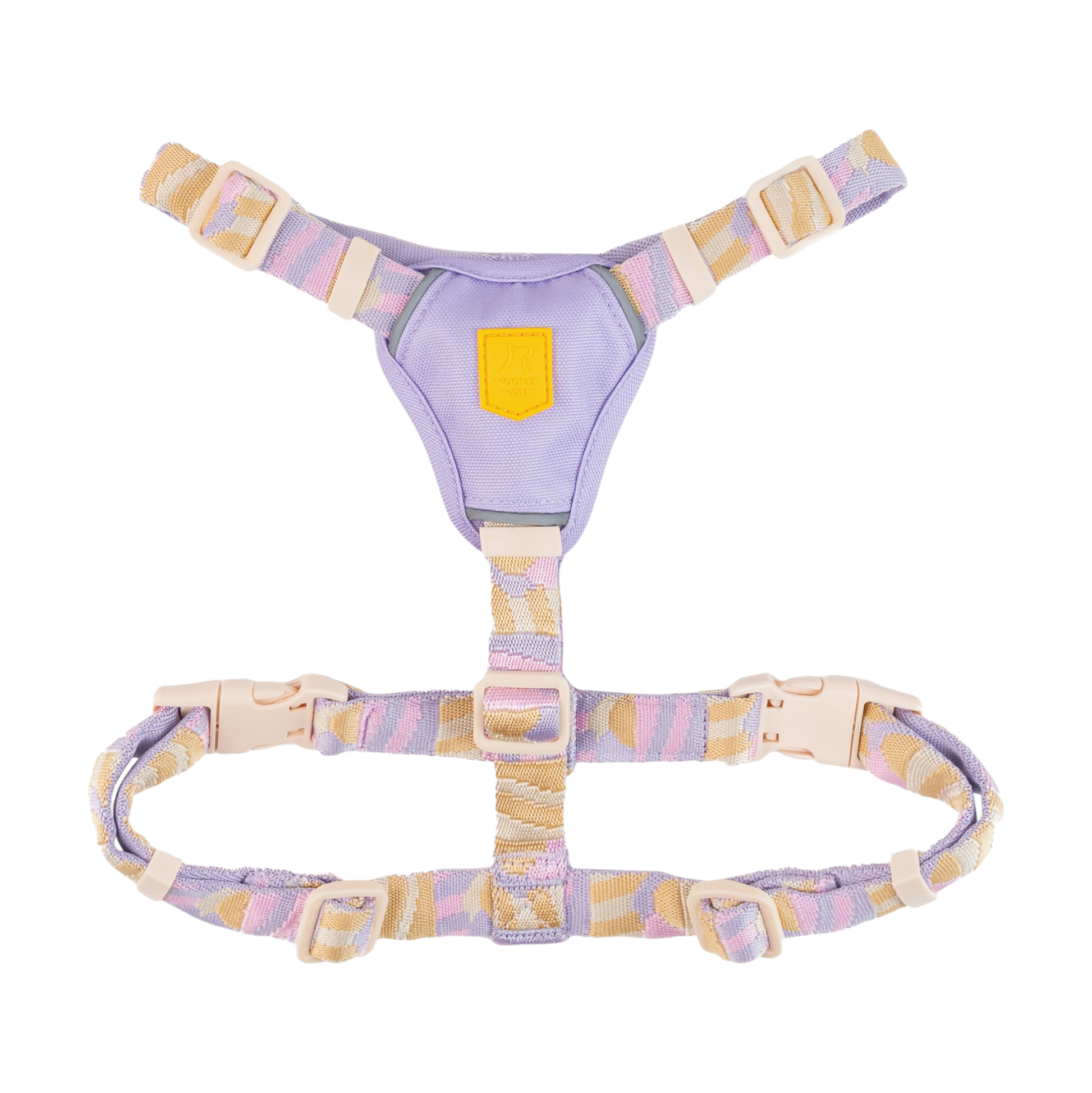 Lavender and beige adjustable pet harness with a yellow patch and plastic buckles, shown on a white background.