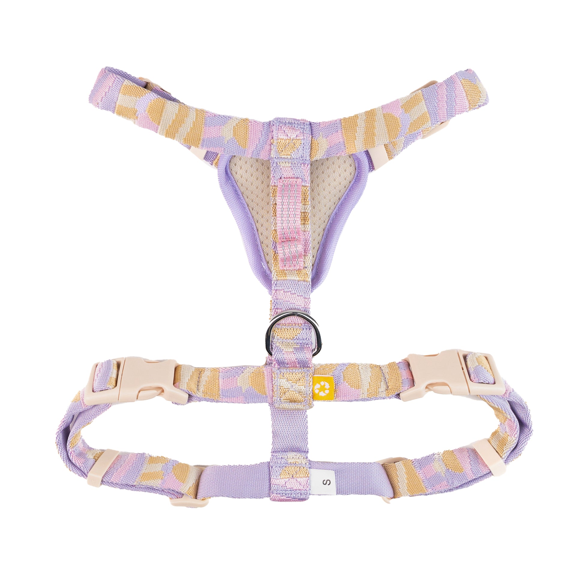 Pastel-colored dog harness with beige buckles and a central D-ring, displayed on a white background.