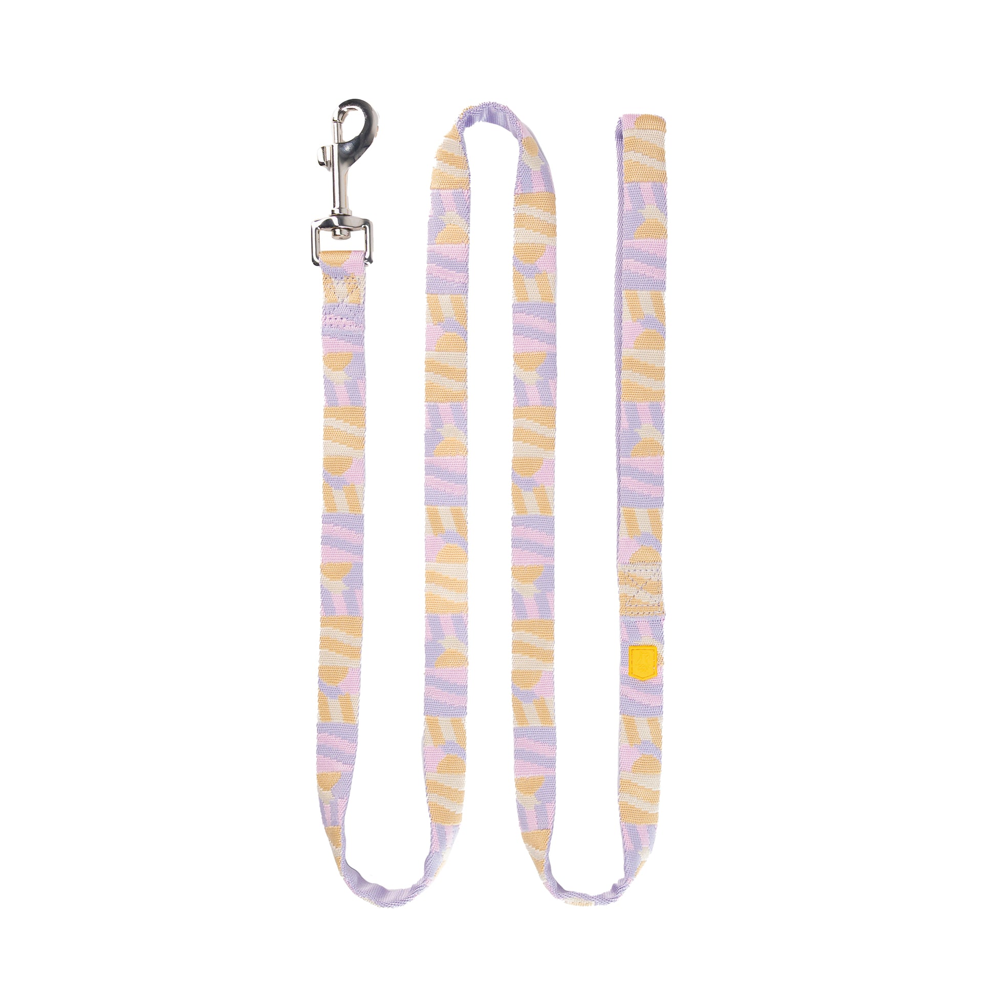 Pastel-colored dog leash with a metal clasp, featuring a purple and yellow abstract pattern, laid flat.