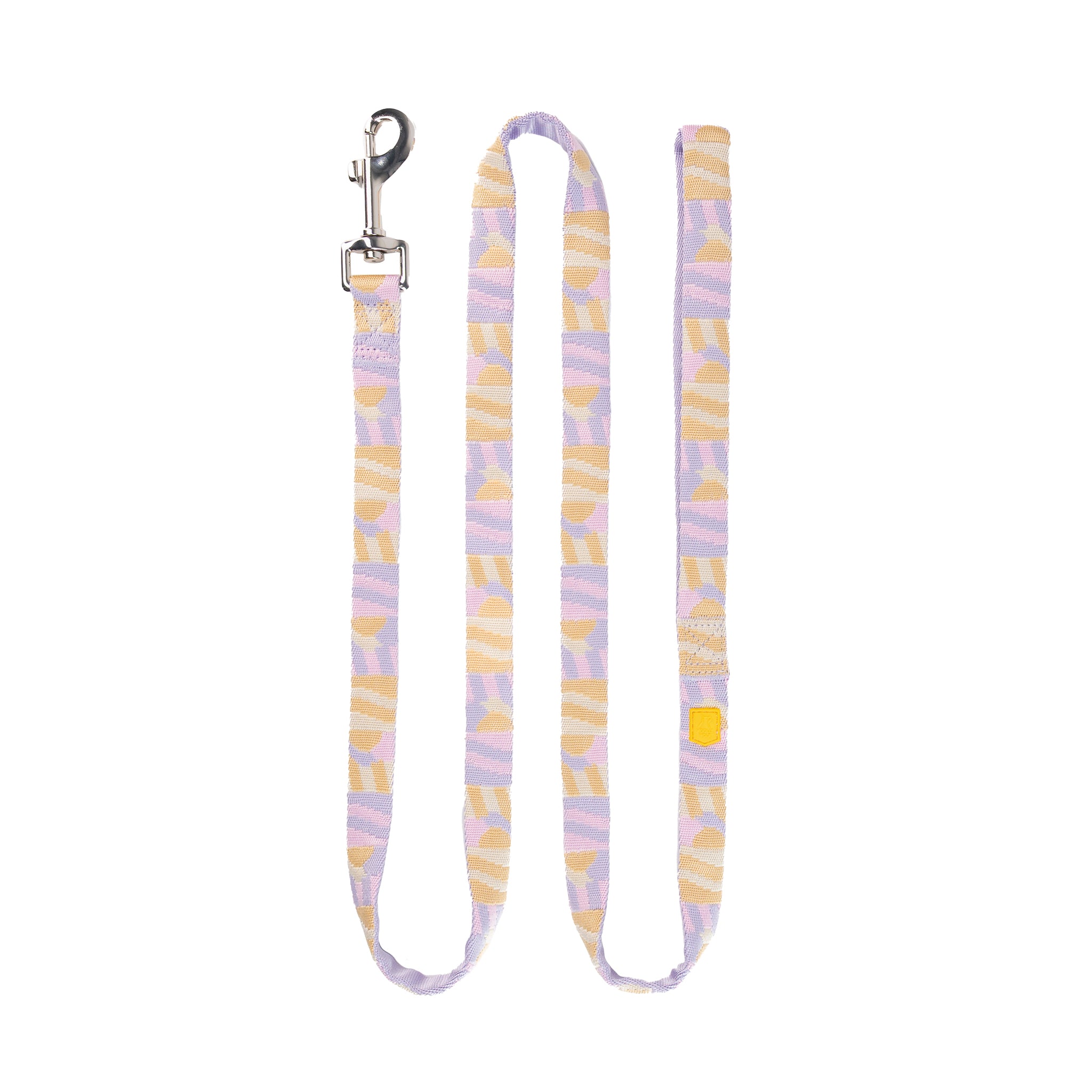 Pastel-colored dog leash with a metal clasp, featuring a purple and yellow abstract pattern, laid flat.
