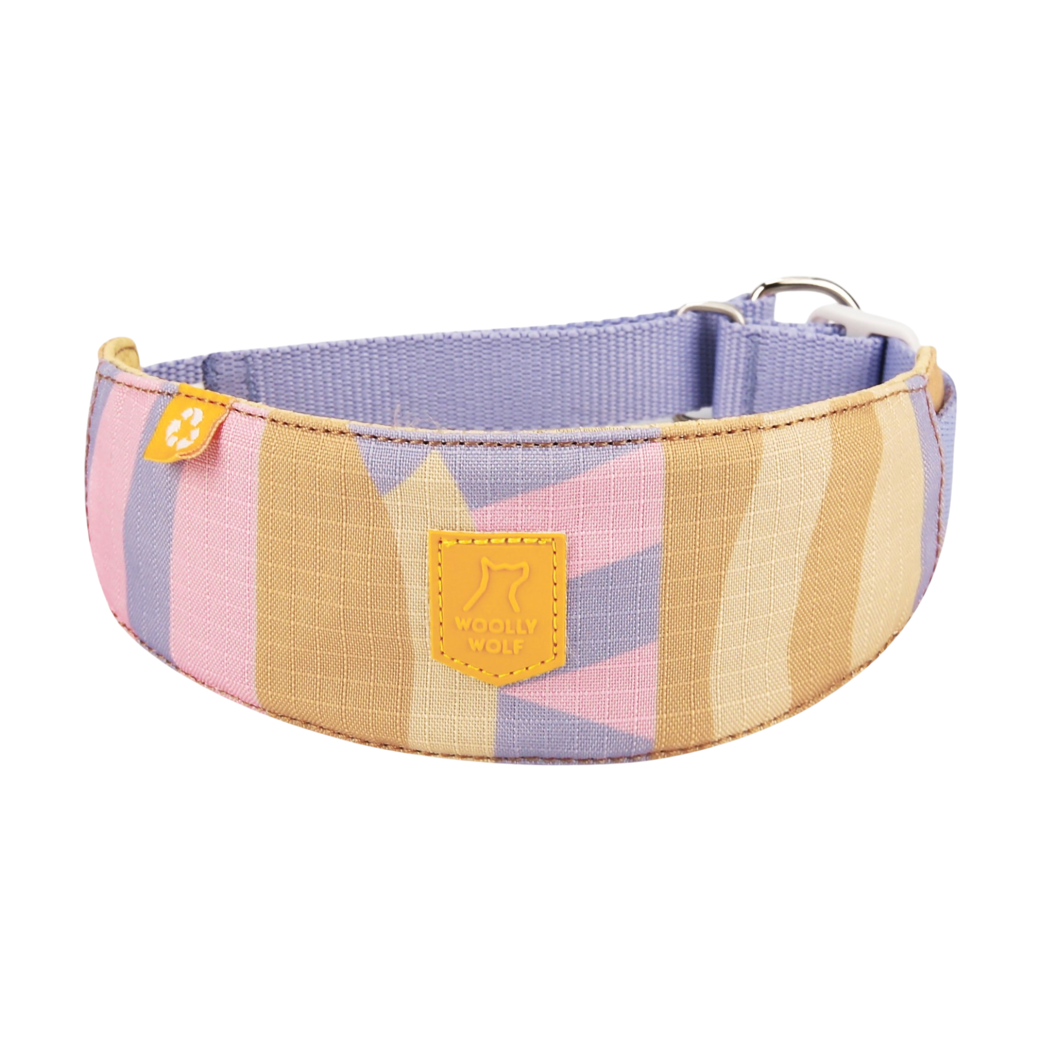 Wide fabric dog collar with pastel pink, beige, and purple geometric patterns and a yellow Woolly Wolf logo patch.