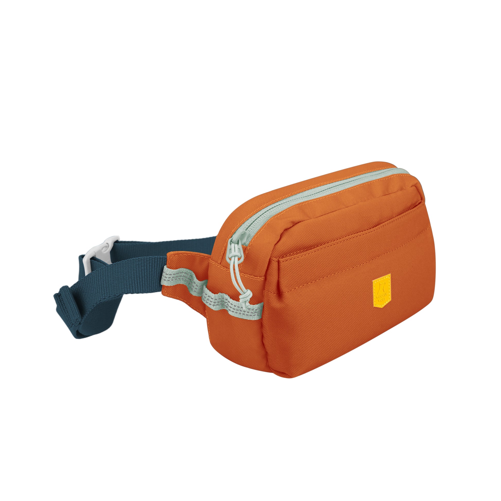 Orange waist bag with light blue zipper, front pocket, and dark blue adjustable strap.