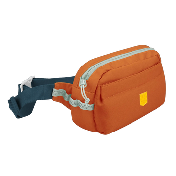 Orange waist pack with a blue strap and light green zipper pulls.