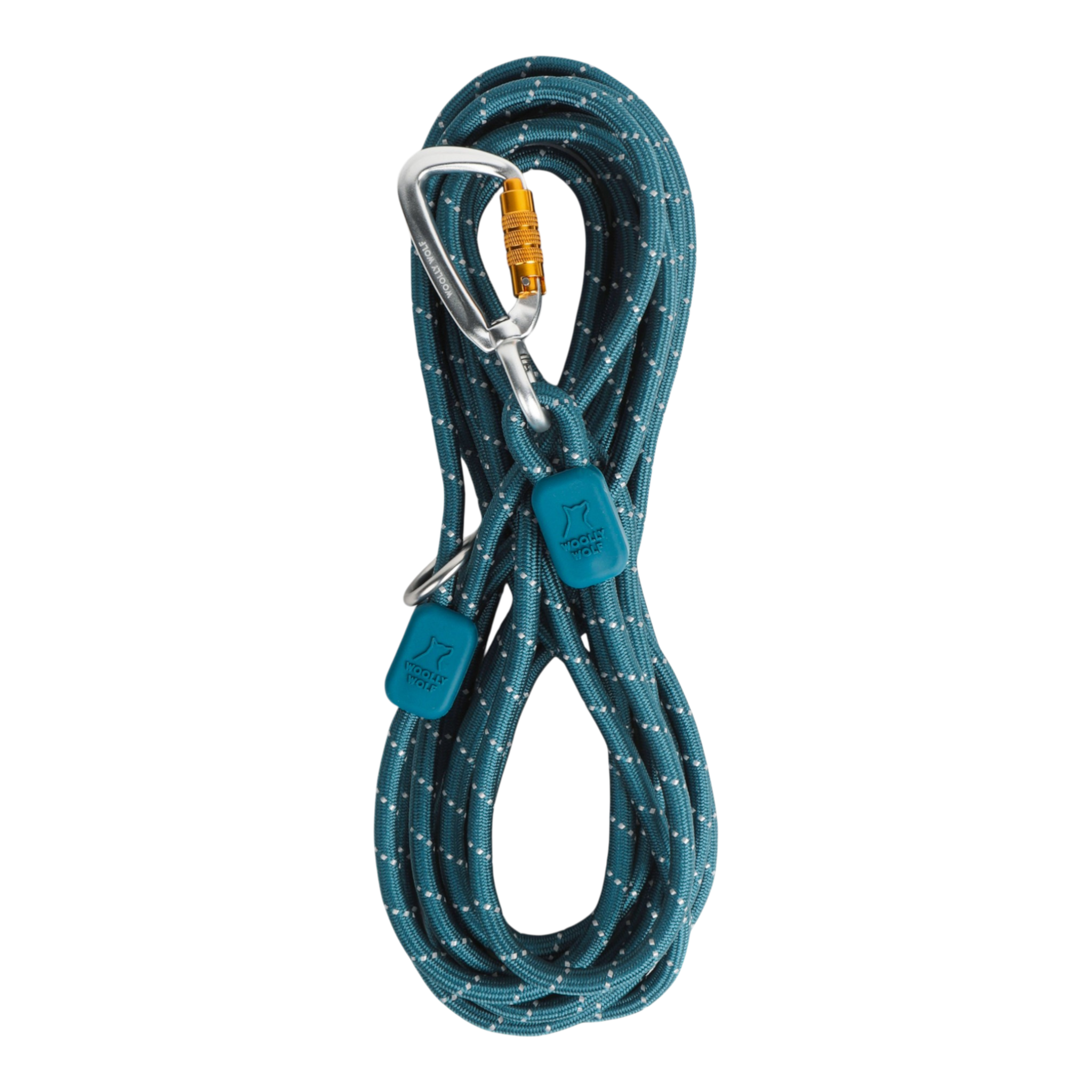 Coiled blue climbing rope with white accents, secured with two carabiners and blue rope markers.