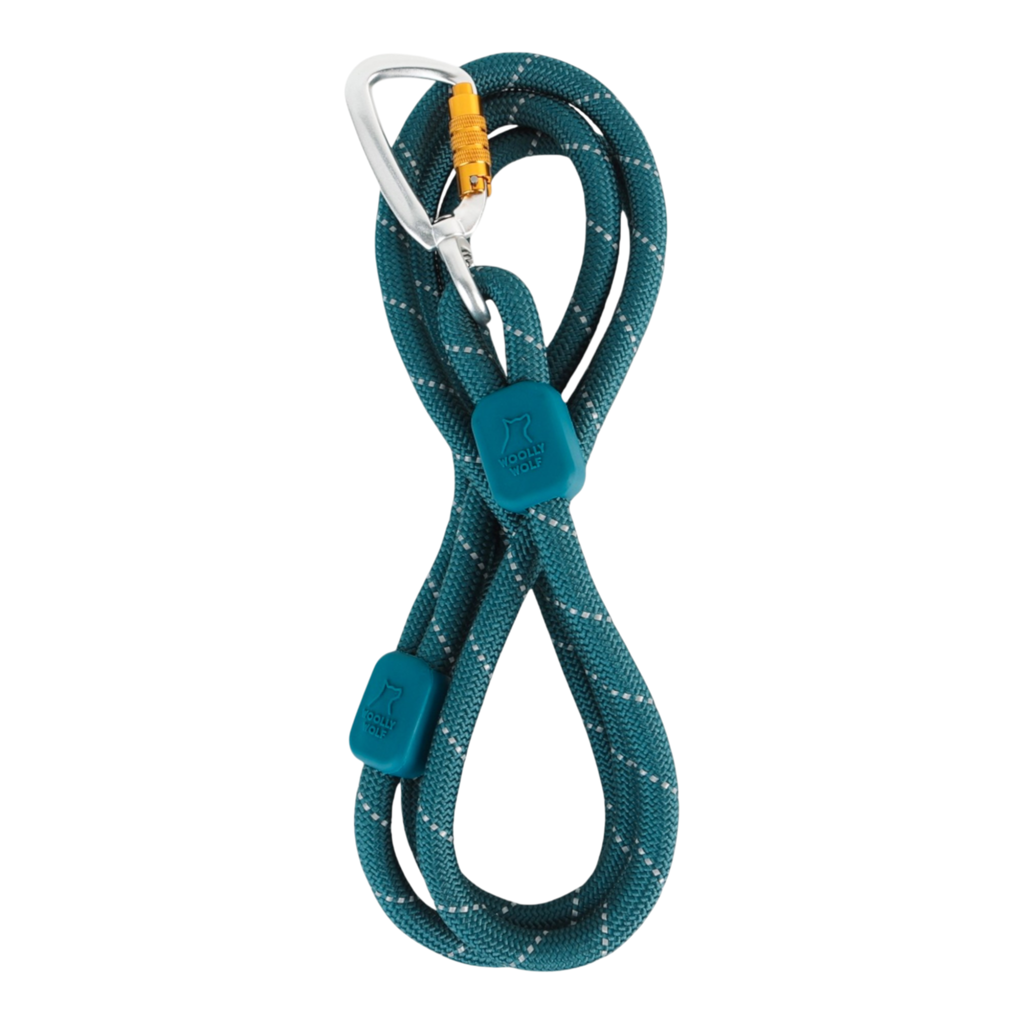 Teal climbing rope coiled in a figure-eight shape with a silver carabiner attached at the top.