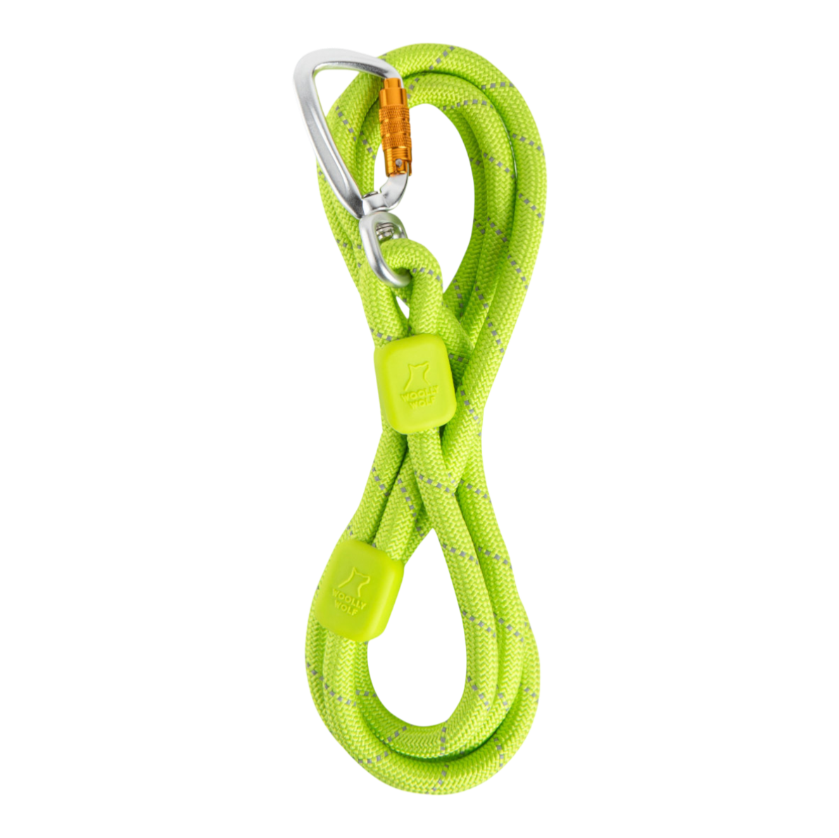 A coiled neon green climbing rope with a silver carabiner attached, isolated on a white background.