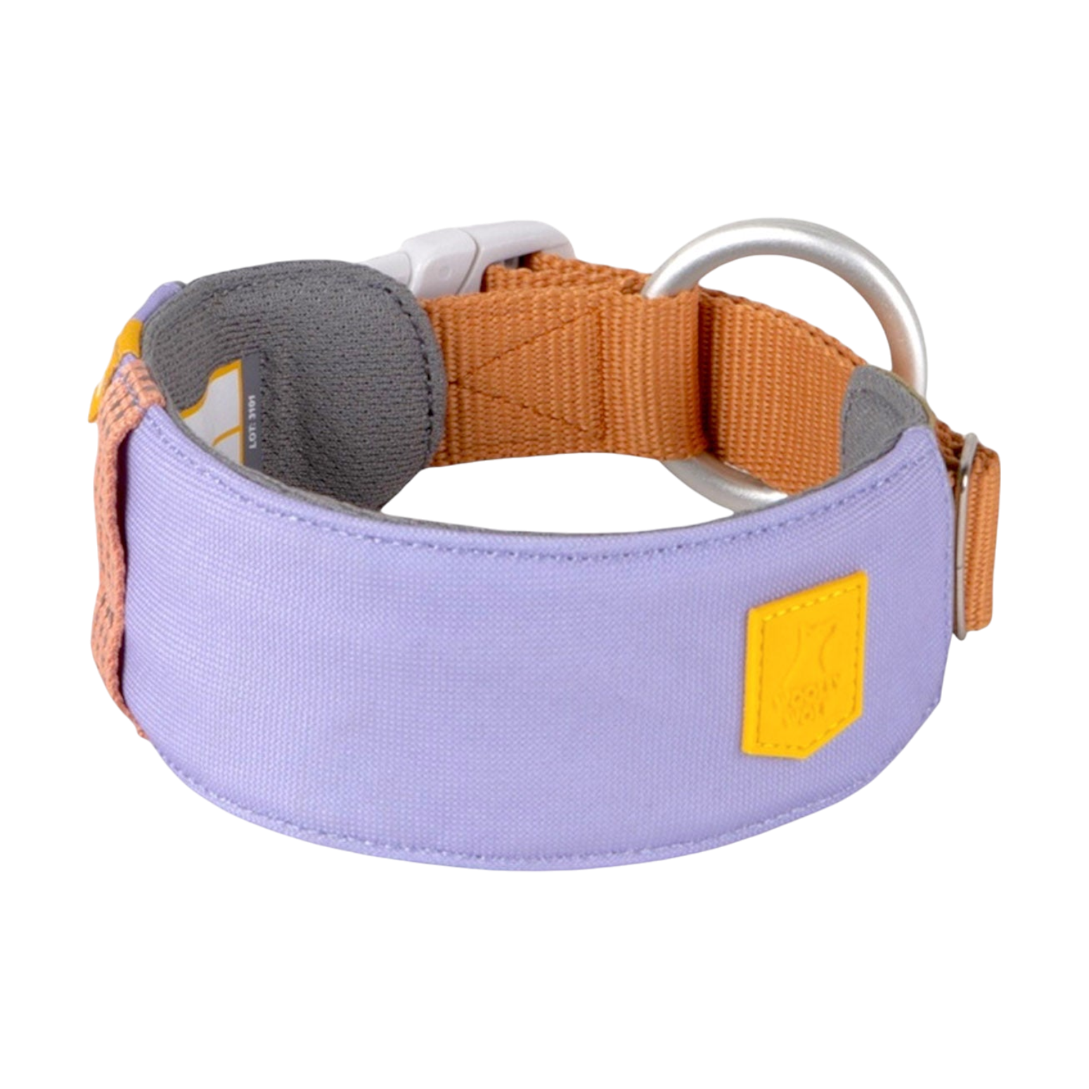 Wide lavender and tan dog collar with a large metal ring and buckle, shown on a white background.