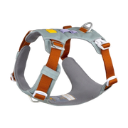 Gray and orange padded dog harness with adjustable straps, buckles, and a metal leash ring on top.