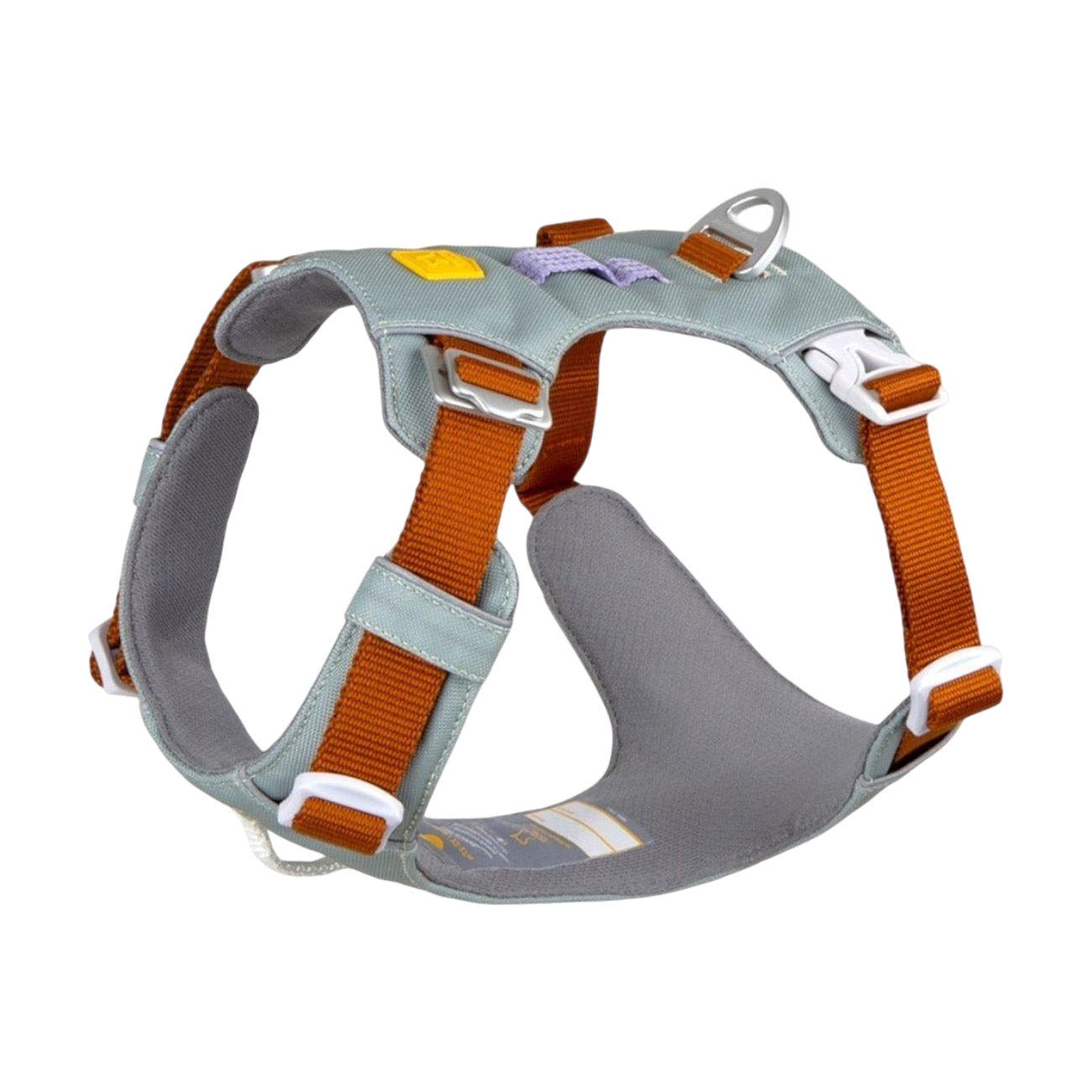 Gray and orange padded dog harness with adjustable straps, buckles, and a metal leash ring on top.