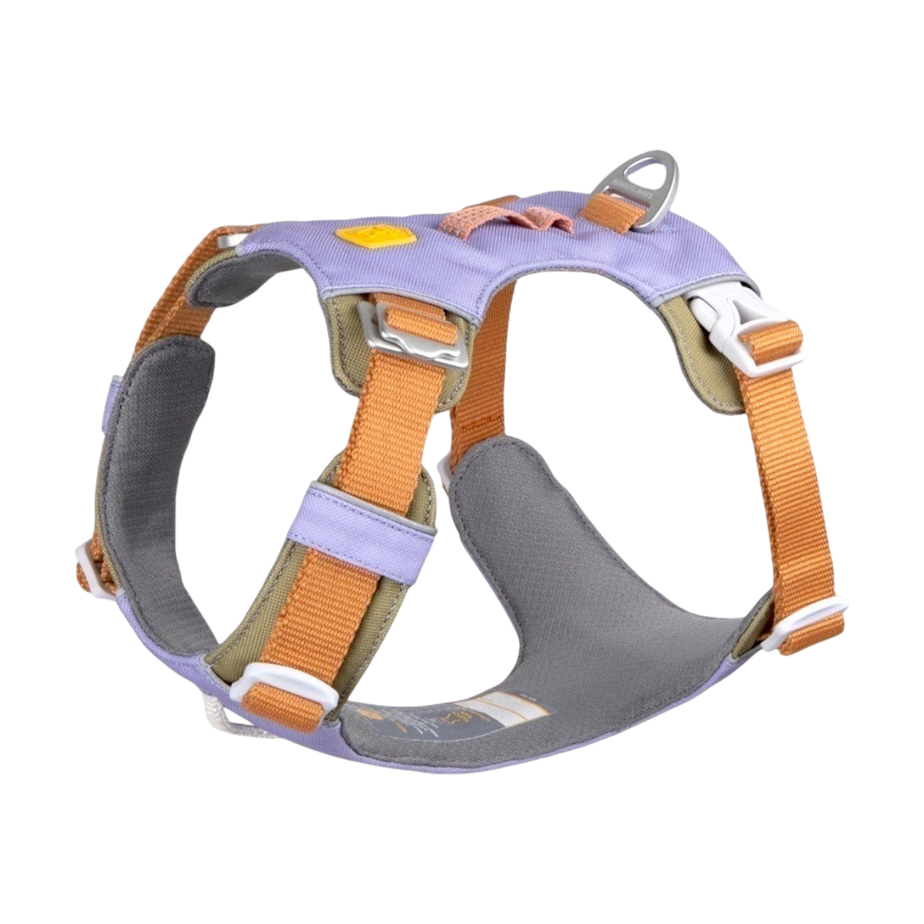A purple and orange dog harness with adjustable straps and metal ring, displayed on a white background.