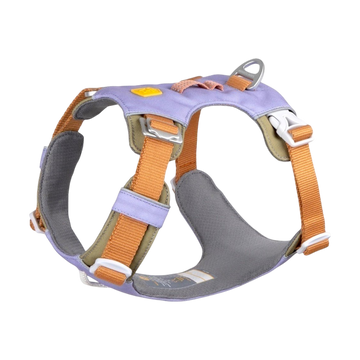 A purple and orange dog harness with adjustable straps and metal ring, displayed on a white background.