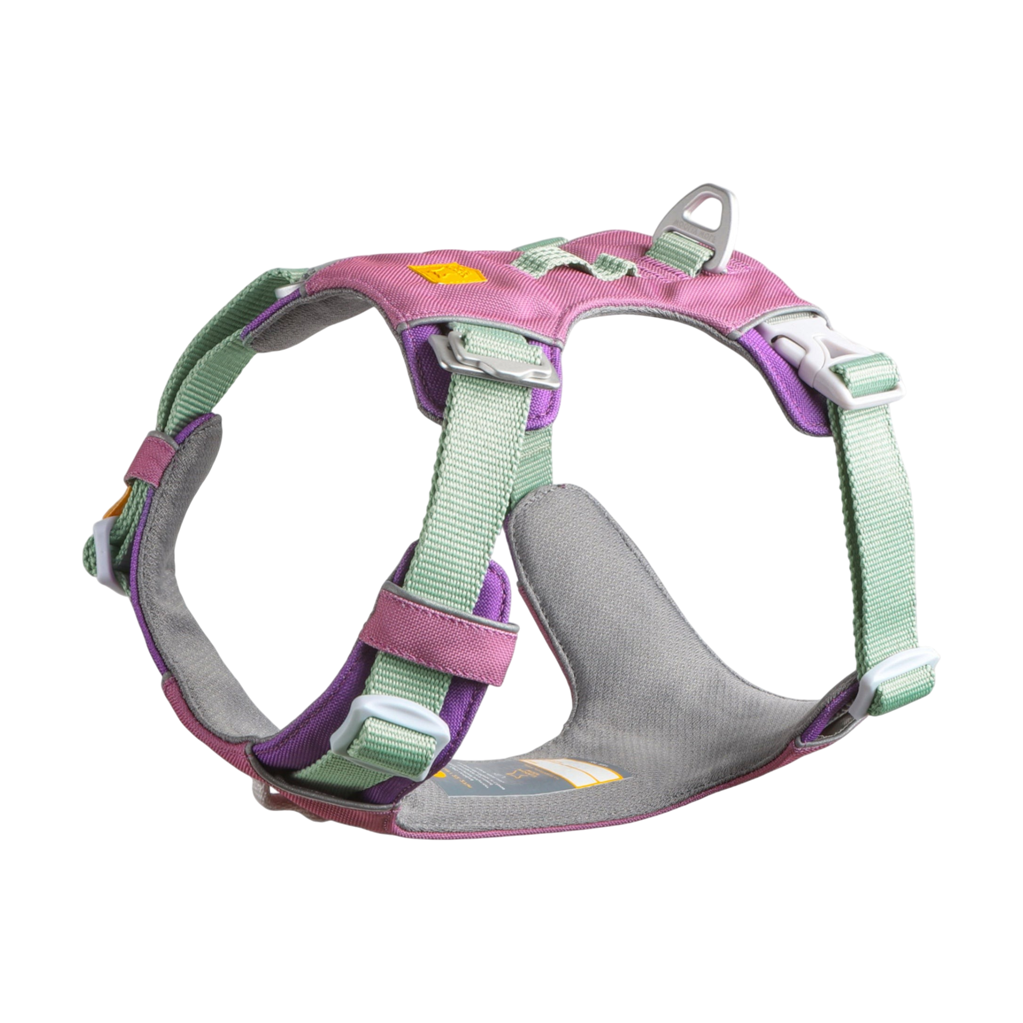 Pink, purple, and mint green padded dog harness with adjustable straps and metal leash attachment.