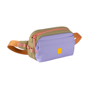 A colorblock fanny pack with a purple front, tan sides, orange strap, and a pink zipper.