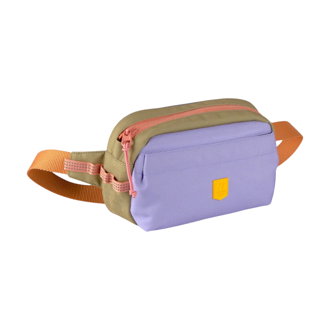 A colorblock fanny pack with a purple front, tan sides, orange strap, and a pink zipper.