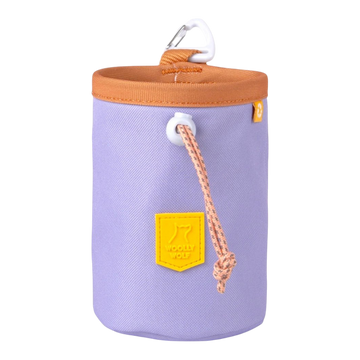 Purple fabric pouch with a brown top, yellow patch, drawstring closure, and a white clip.