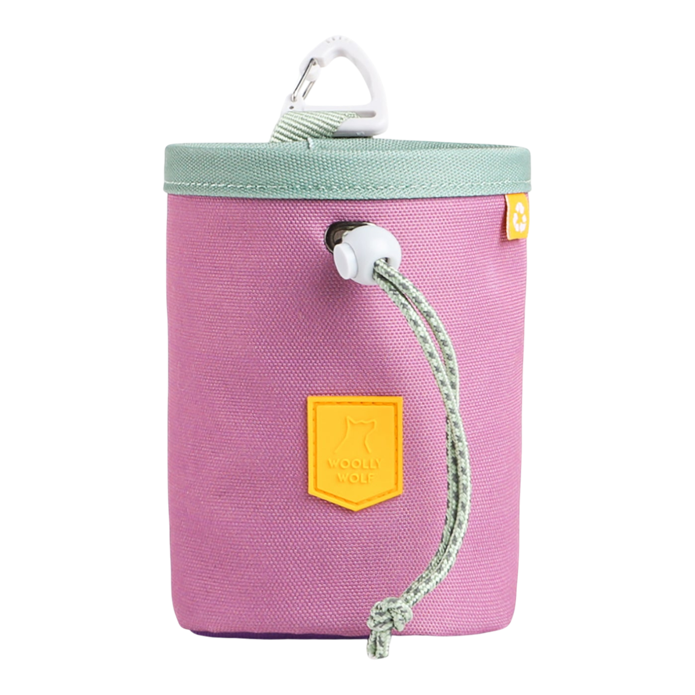 A purple fabric pouch with a green drawstring, mint lid, and a white carabiner clip attached on top.