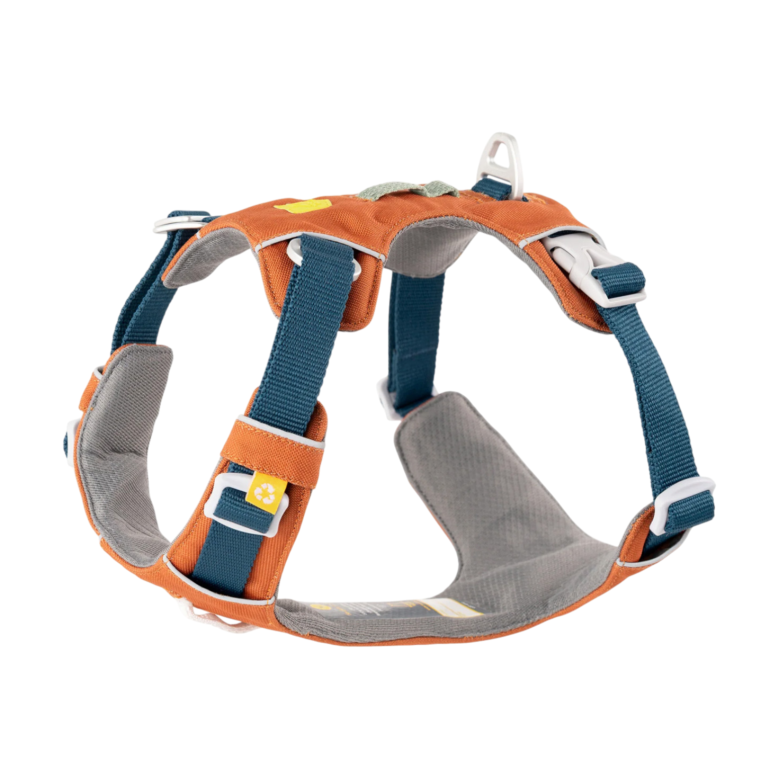 Orange and gray dog harness with blue adjustable straps and white plastic buckles on a white background.