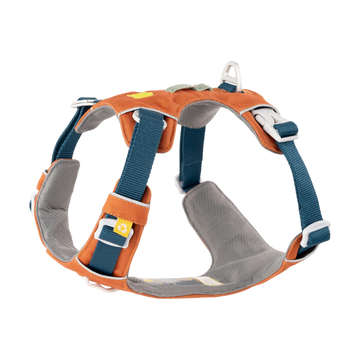 Orange and gray dog harness with blue adjustable straps and white plastic buckles on a white background.