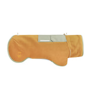 Mustard yellow fleece dog coat with light green trim and Woolly Wolf logo.