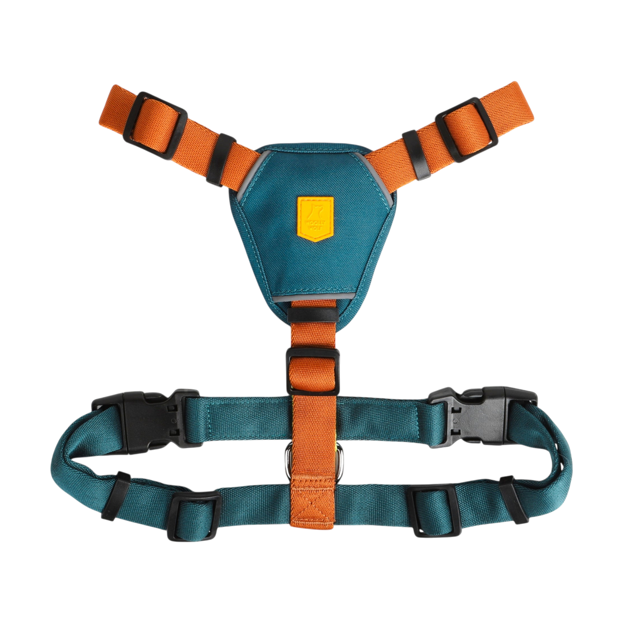 Teal and orange adjustable dog harness with buckles and a small yellow patch on the chest area, on white background.