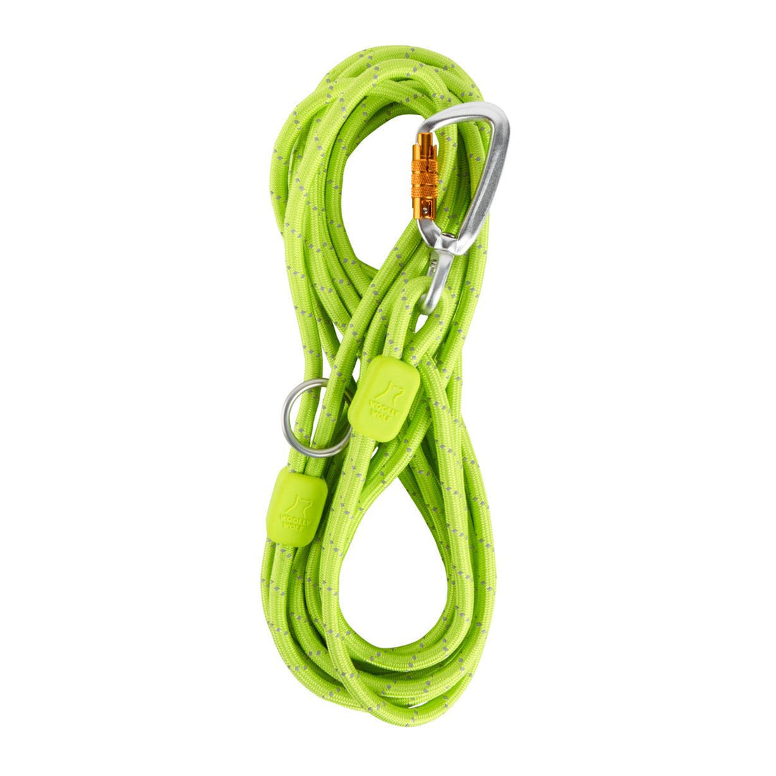 The Long Rope Dog Leash Lime is a coiled, bright green leash featuring two metal loops and an attached silver carabiner with an orange locking mechanism.